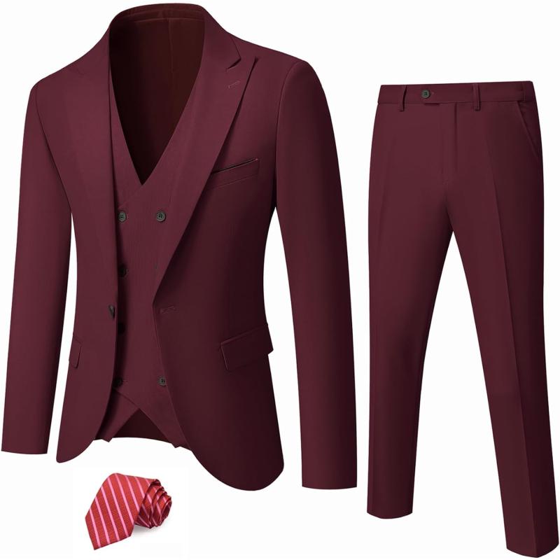 YND Men’s 3 Piece Slim Fit Suit Set, One Button Peak Lapel Solid ...