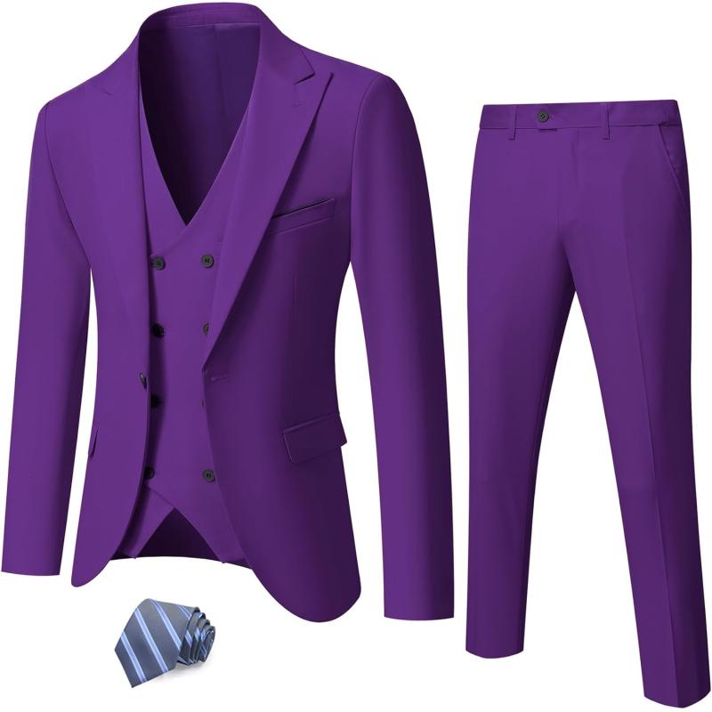 YND Men’s 3 Piece Slim Fit Suit Set, One Button Peak Lapel Solid ...